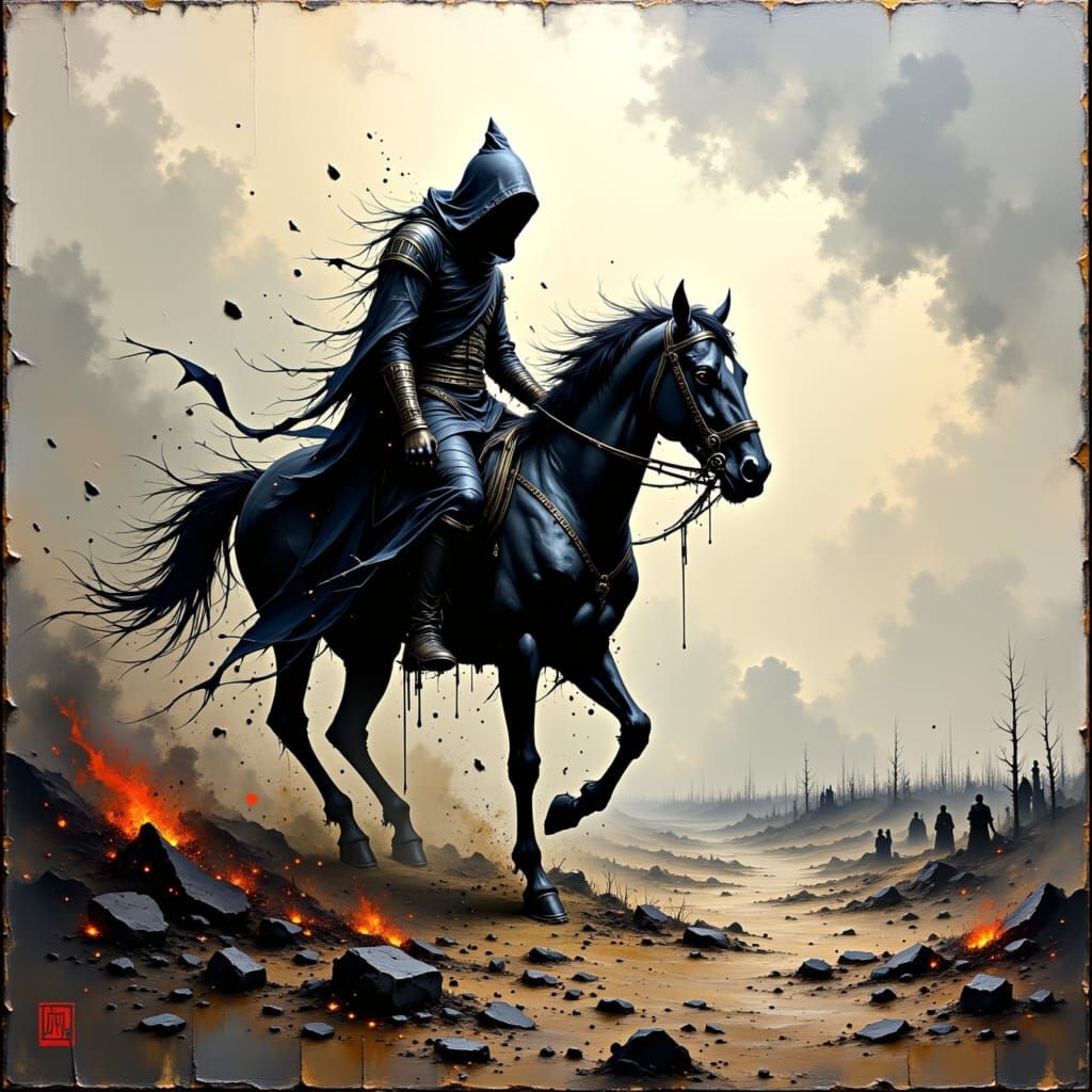 Spectral Rider Across Battlefield as Impasto Oil Painting