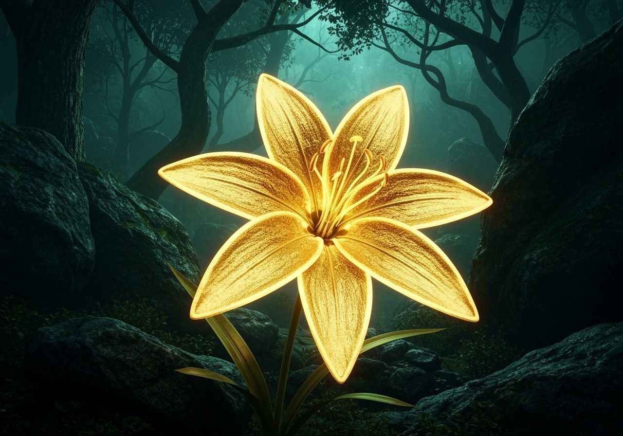 Glowing Golden Lily in Mystical Forest