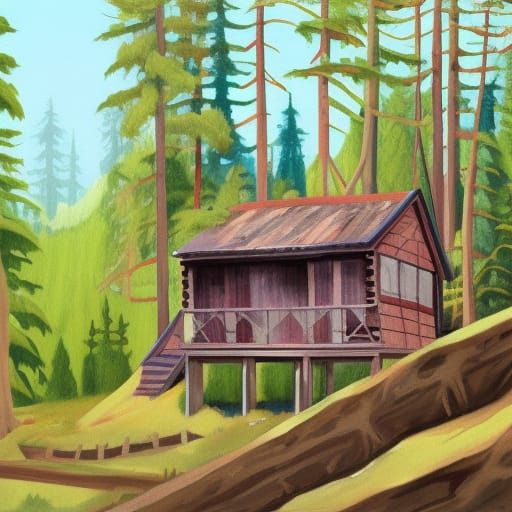 Cabin in the Woods: Detailed Gouache Painting