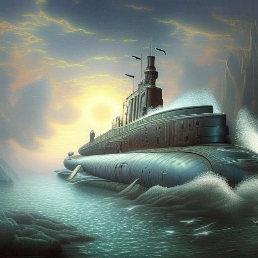 Silver Submarine Emerges from the Deep: Cinematic Detail