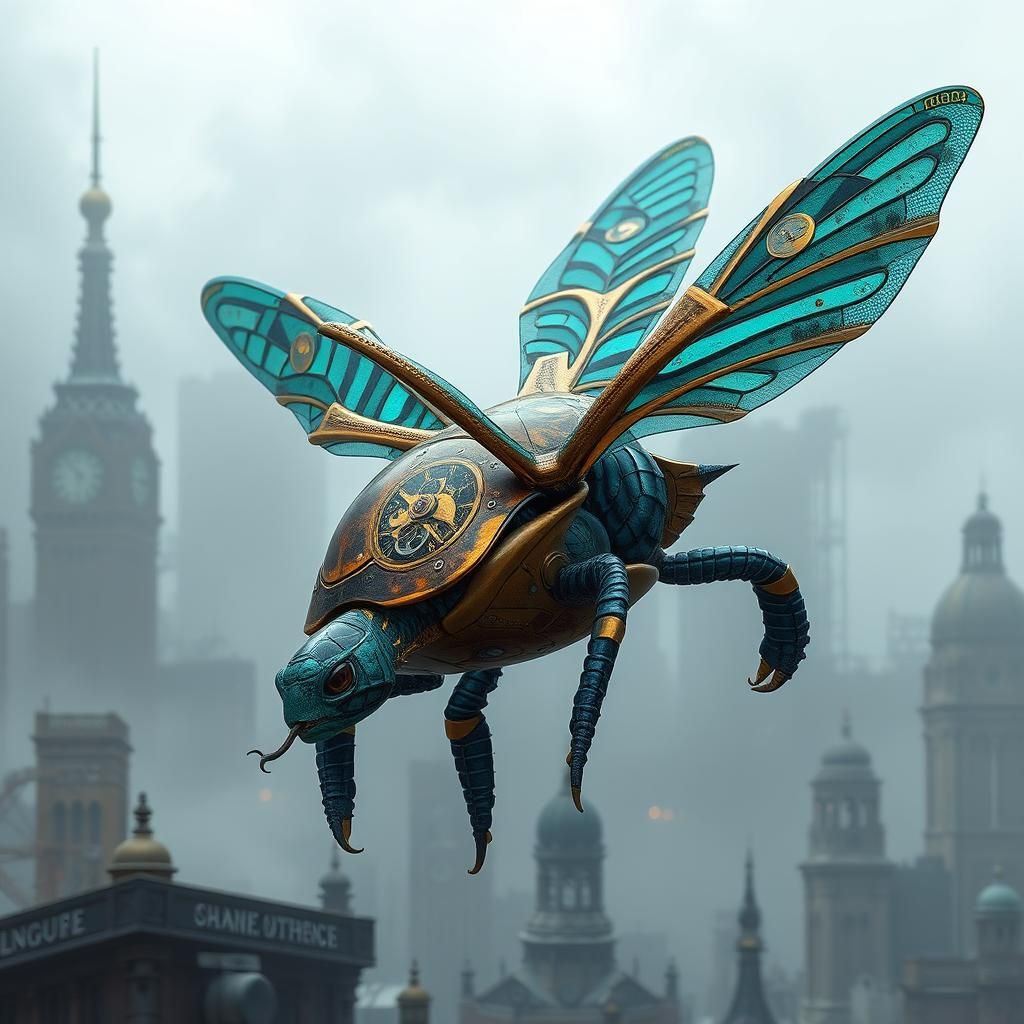 steampunk hybrid turtle/zebra/dragonfly