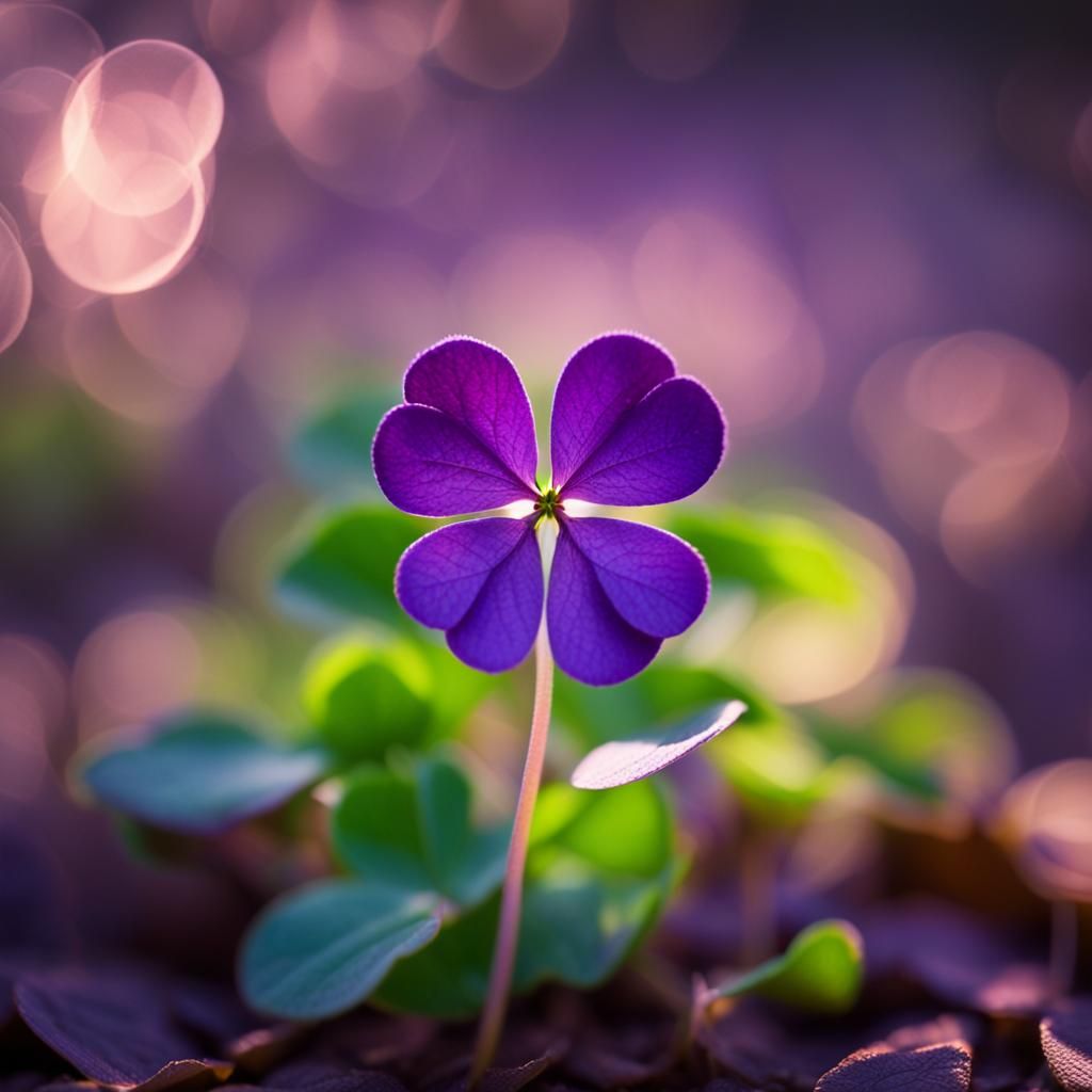 Rare Purple Four-Leaf Clover Macro Photograph