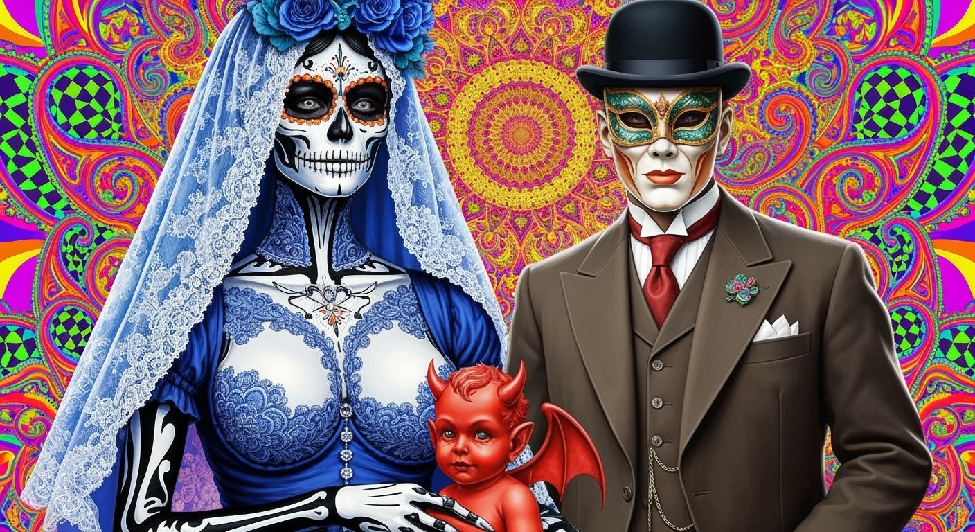 Catrina and Masked Man in Psychedelic Victorian Scene