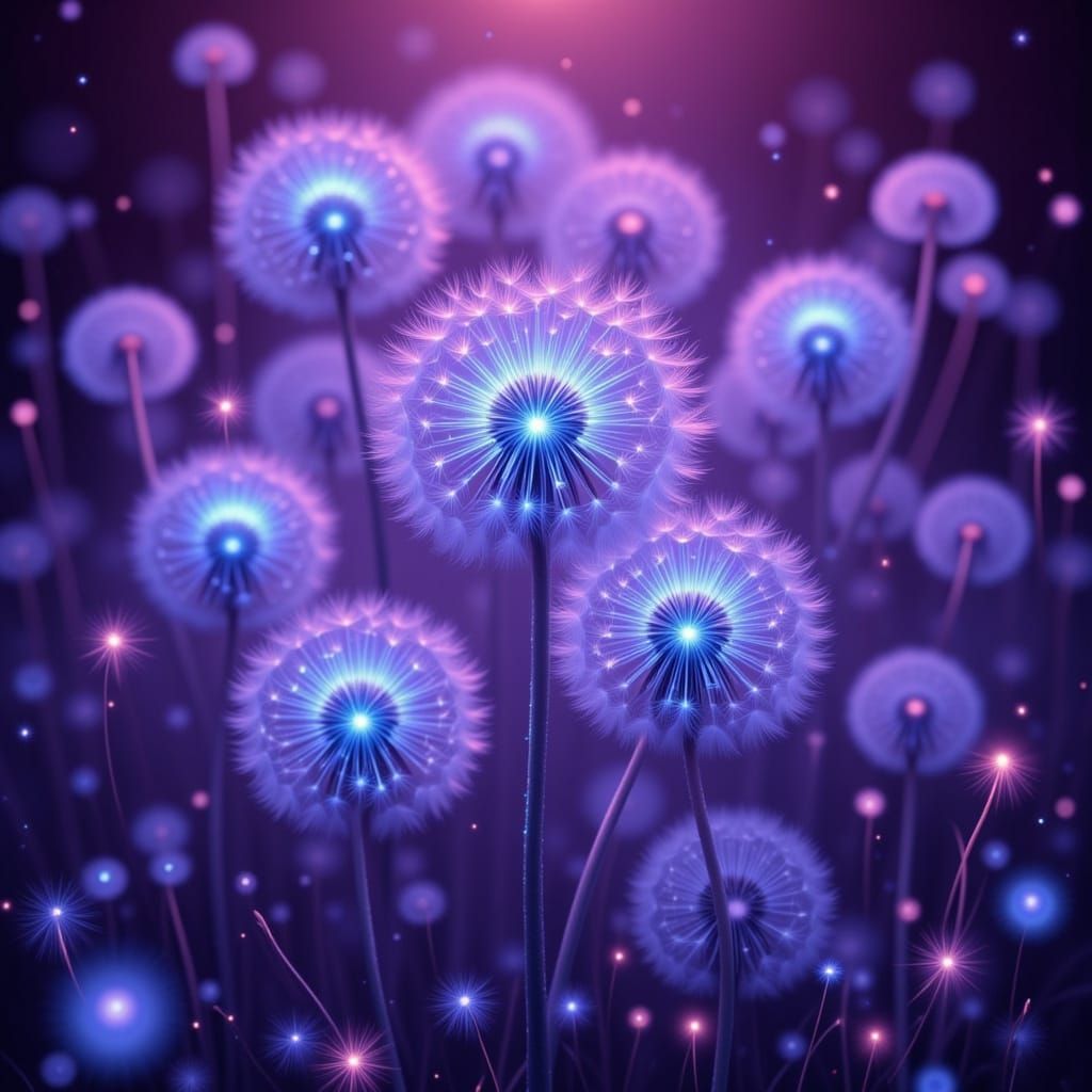 Fantasy Dandelions with Glowing Blue Centers and Lavender Ha...