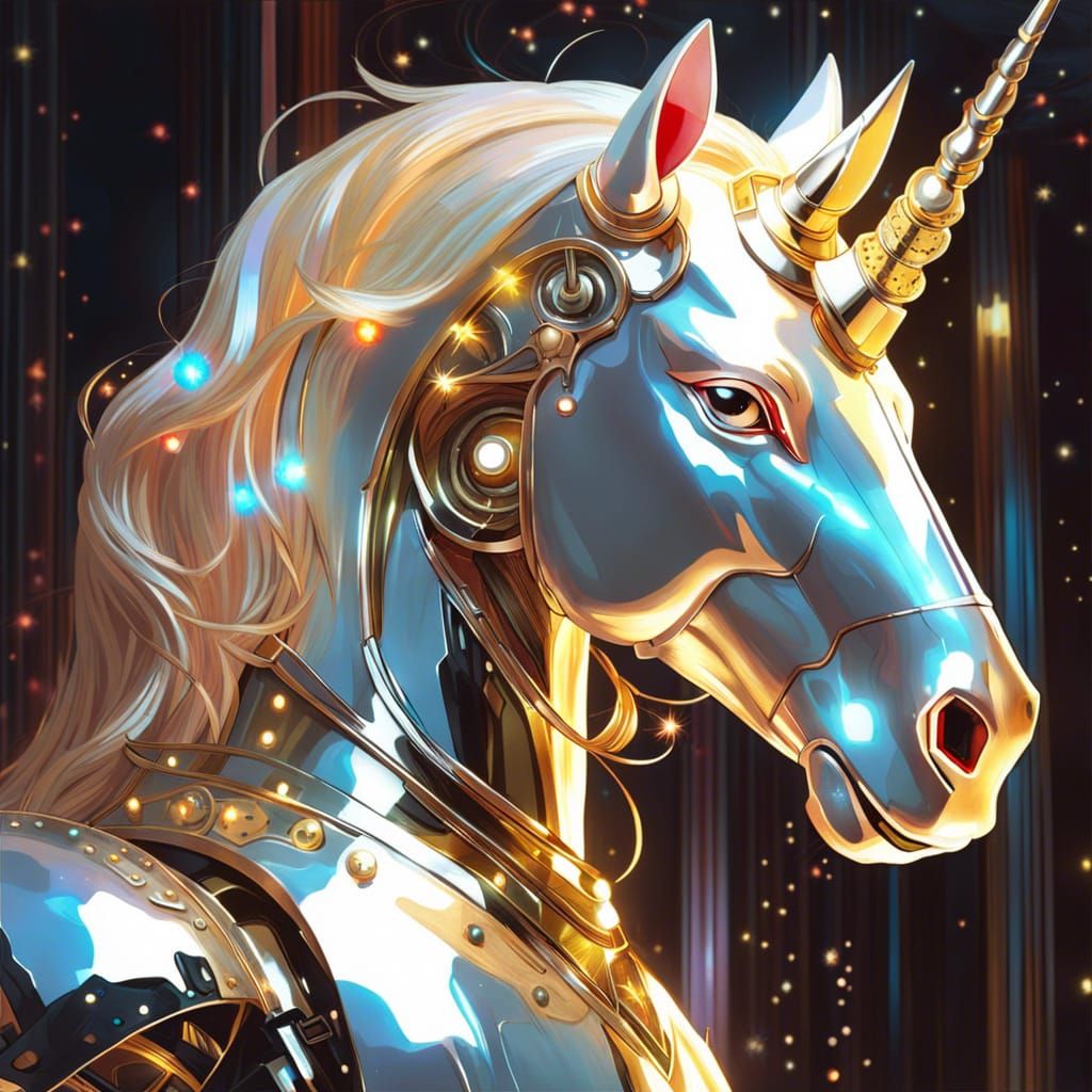 Robotic Unicorn with Glowing Horn, Digital Art
