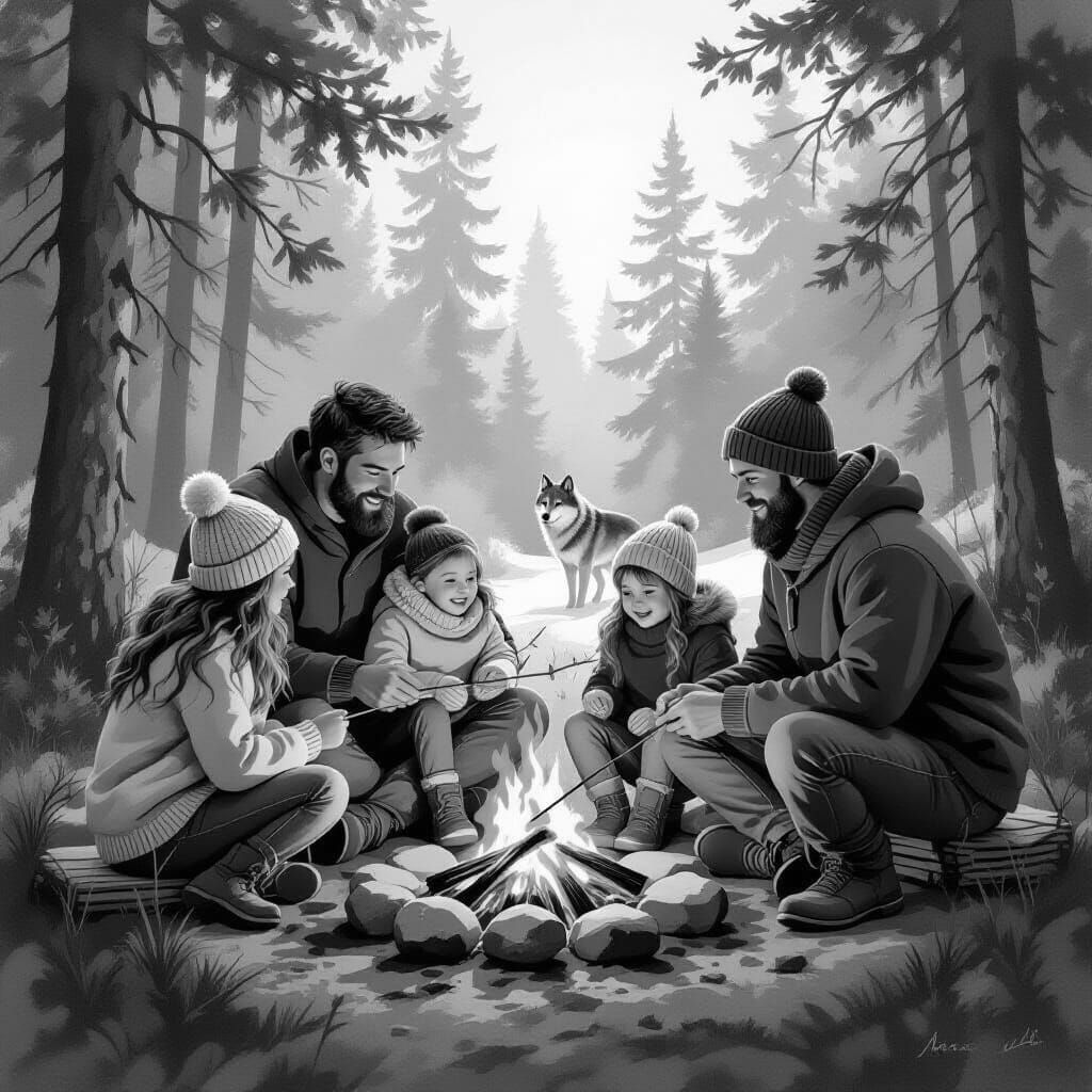 Family Campfire Scene with Wolf and Smores