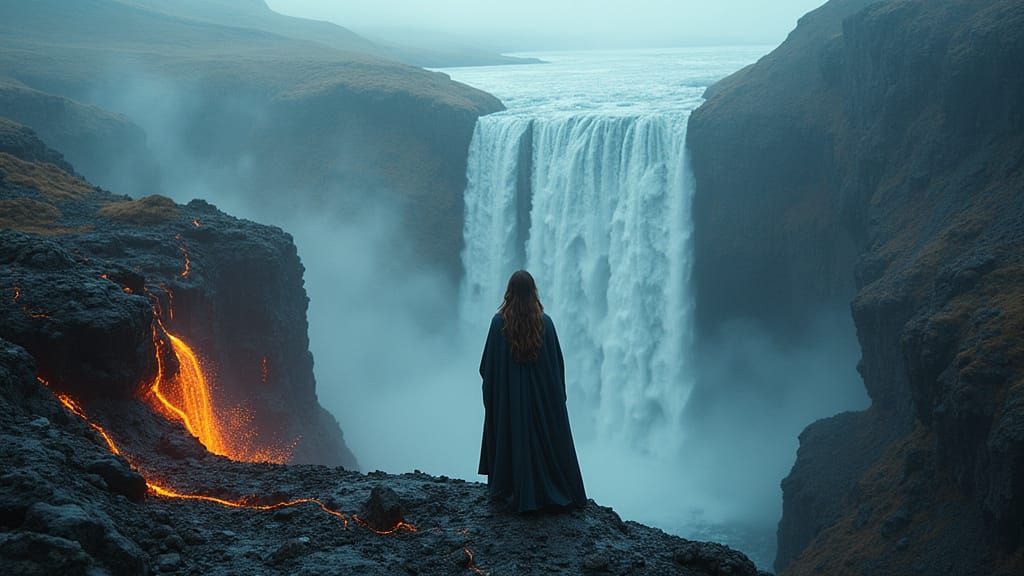 Serene Woman Amidst Lava and Ice Convergence in Mystical Lan...