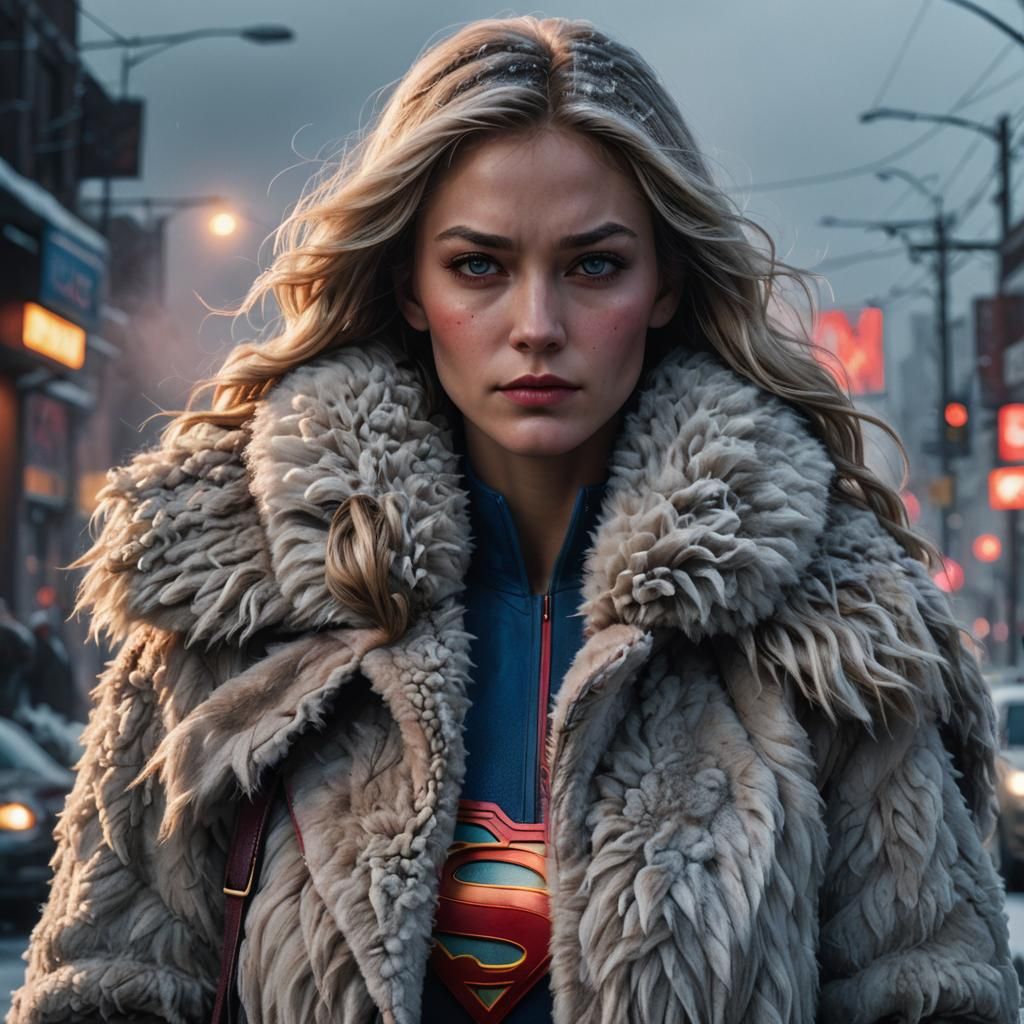 Supergirl in Fur Coat: Hyper-Realistic Digital Art