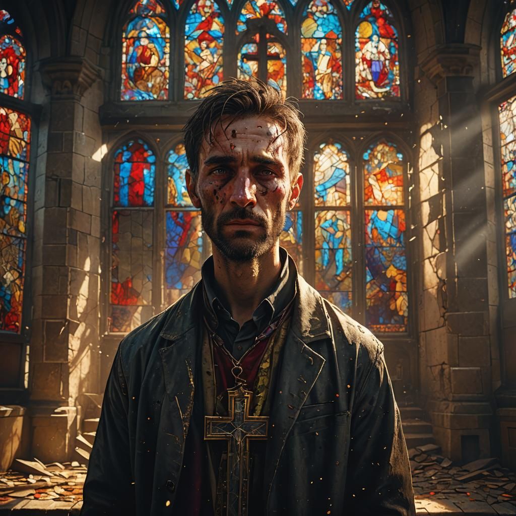 Man in Ruined Church: Hyperrealistic Concept Art