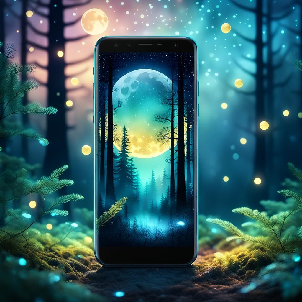 Night Forest Displayed on Smartphone Screen