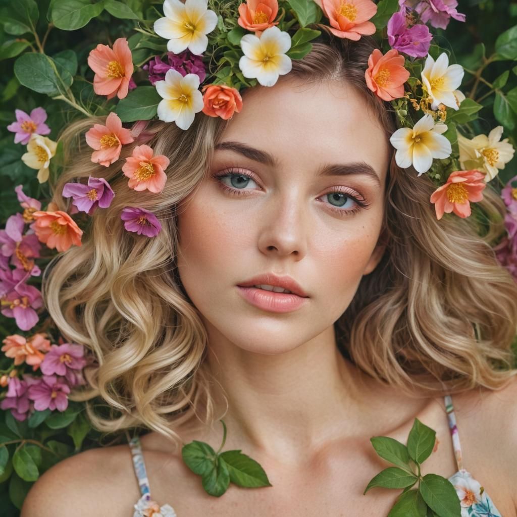 Floral Portrait of Woman in Dreamy Pastel Hues