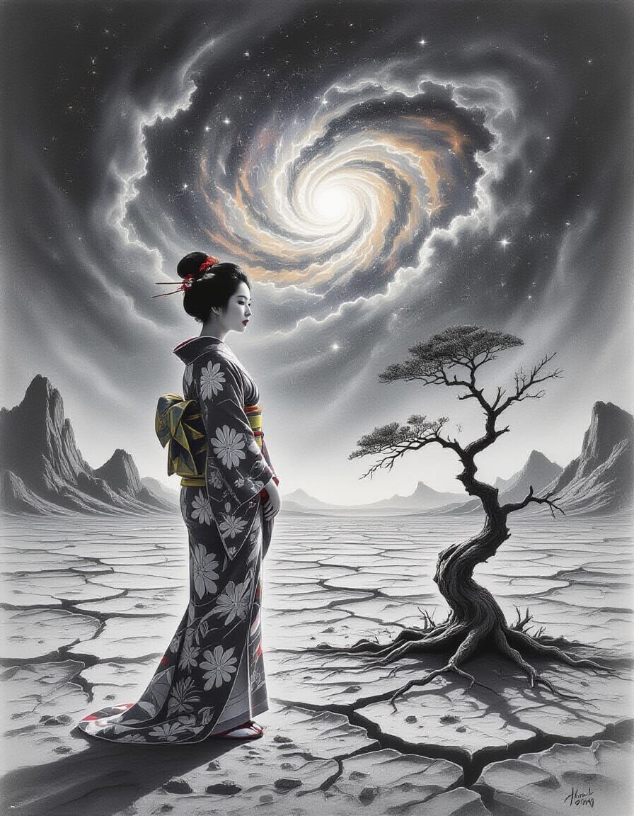 Japanese Woman Contemplates Alien World in Charcoal Drawing
