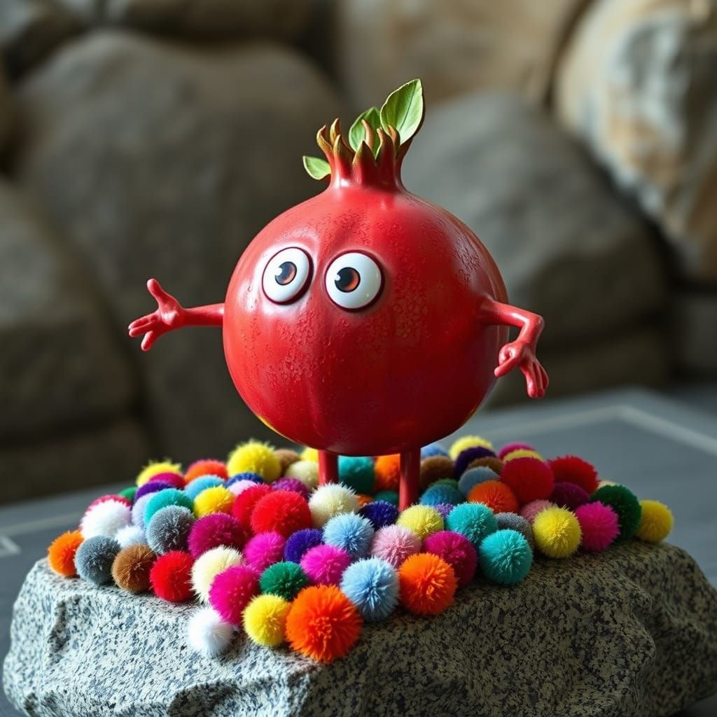 Giant Pomegranate Character on Pom-pom Granite Slab