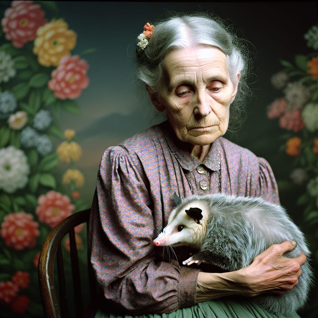 Appalachian Woman with Opossum in WPA Photography Style