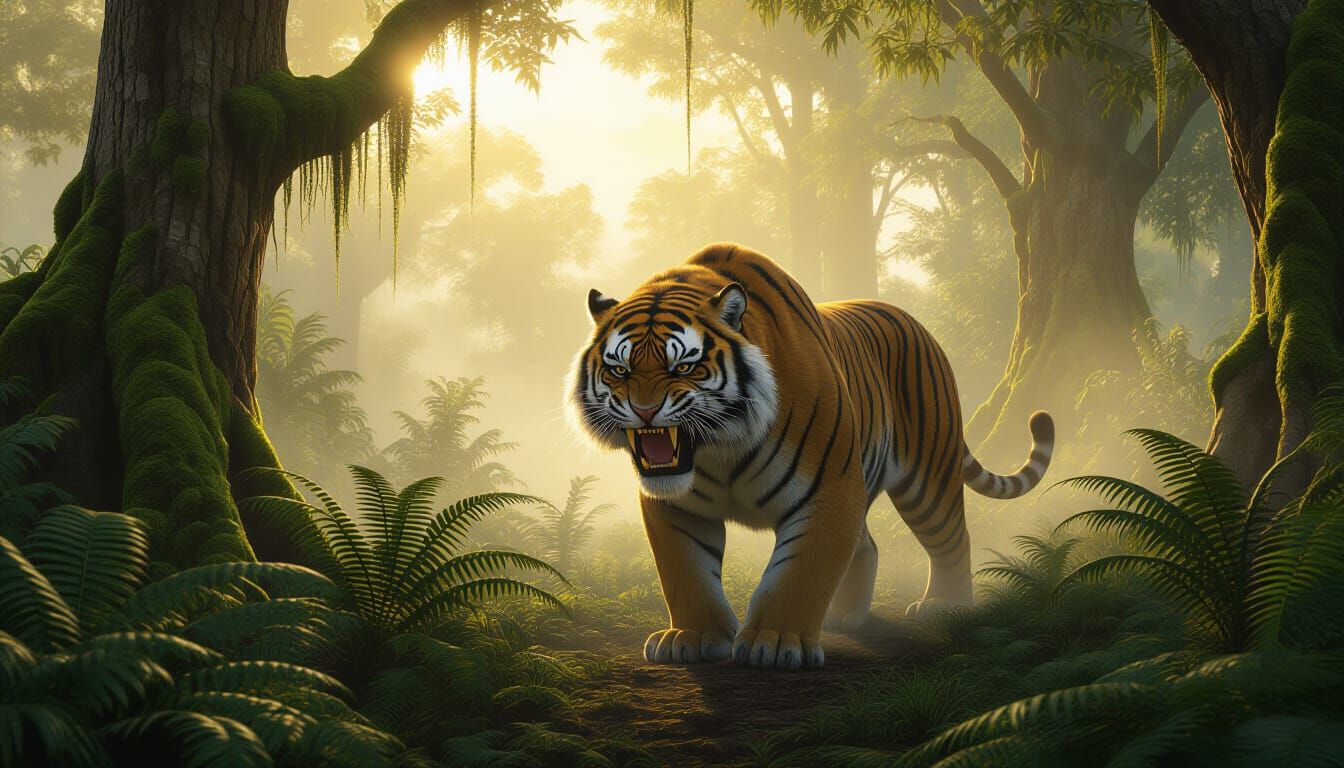 Saber-Toothed Tiger in Misty Dawn Jungle