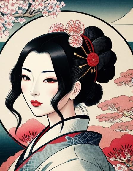 Elegant Geisha Portrait in Ukiyo-e Style