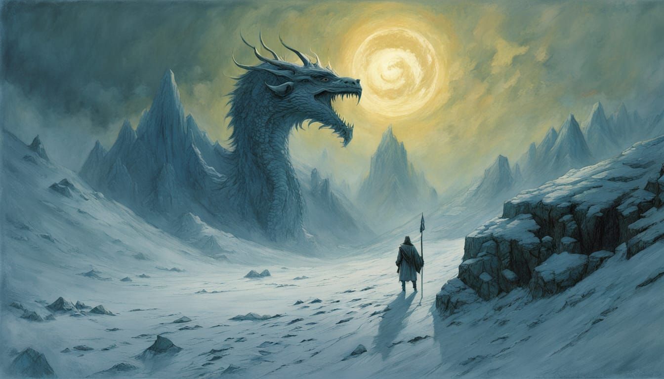 Colossal Dragon Over Vikings in Snowy Mountains