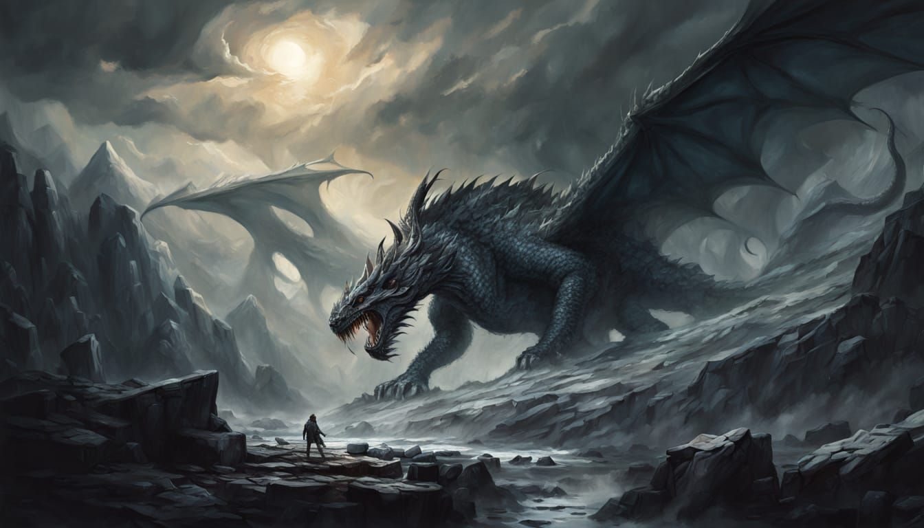 Colossal Dragon Overlooking Vikings in Snowy Mountains