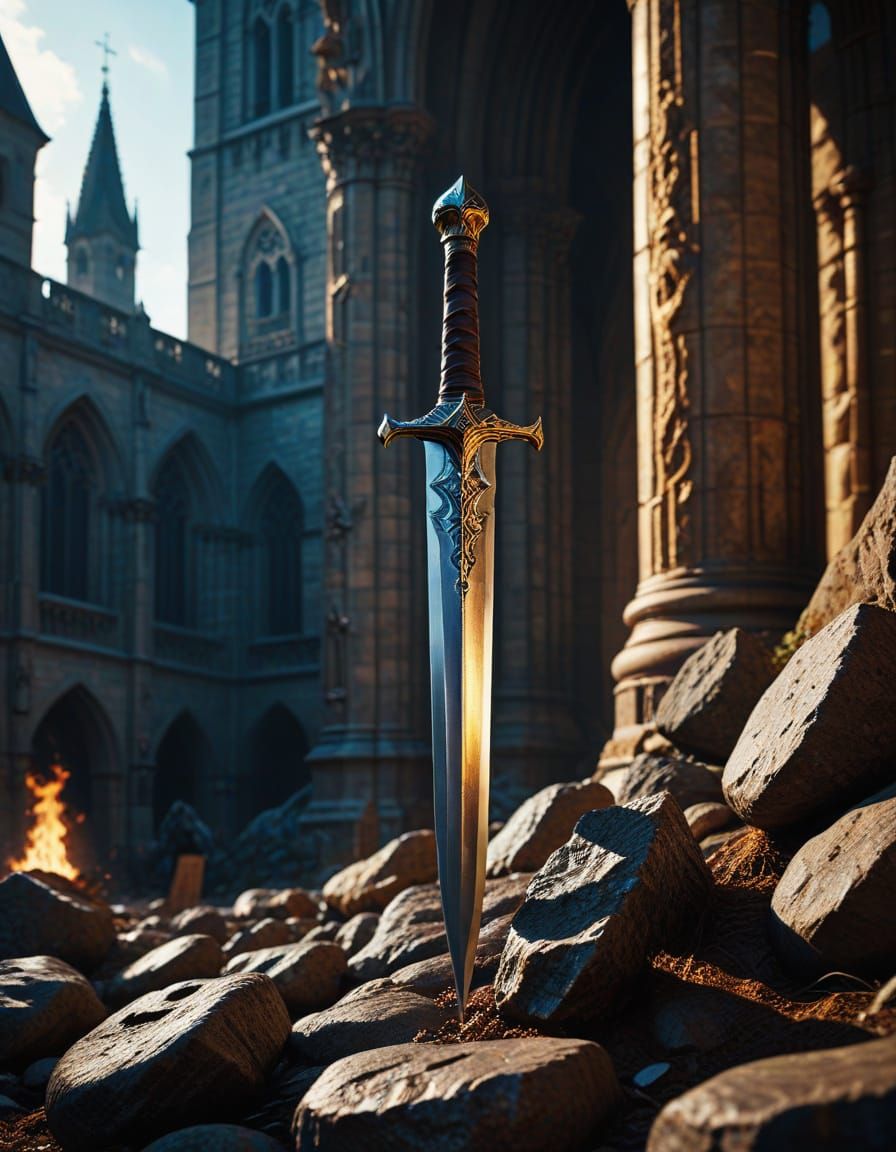 Excalibur in Stone: A Hyperdetailed Oil Painting