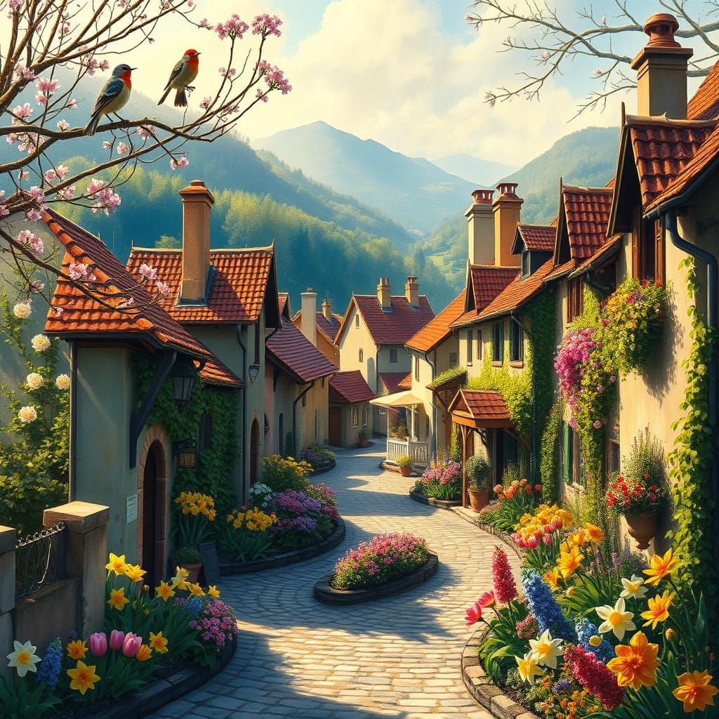 Serene Springtime Village in Impressionist Style