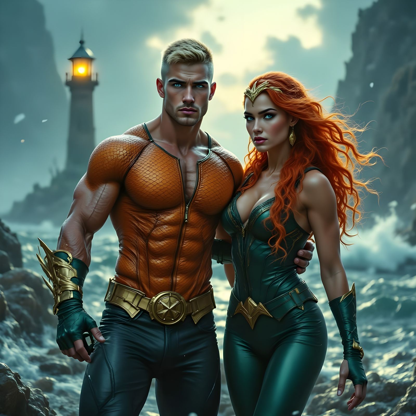 Aquaman, Mera, and Lighthouse in Hyperrealistic Style