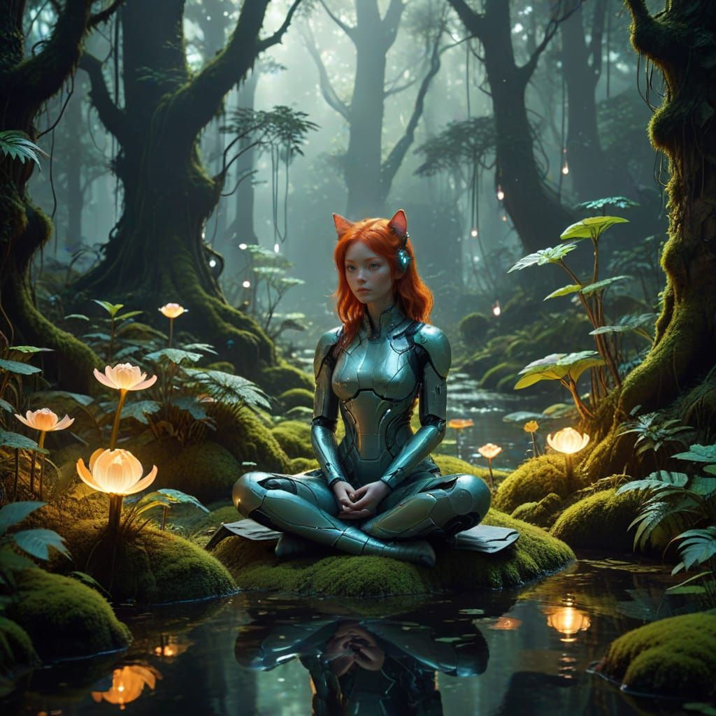 Cyberpunk Cat-Girl Meditates in Glowing Bioluminescent Fores...