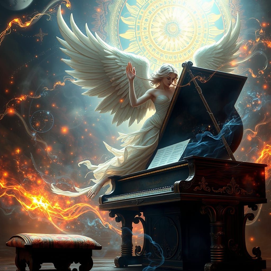 Majestic Angel Plays Piano with Cosmic Lights