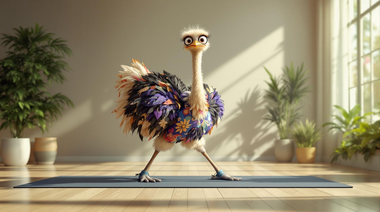 Happy Ostrich Does Yoga: 3D Render