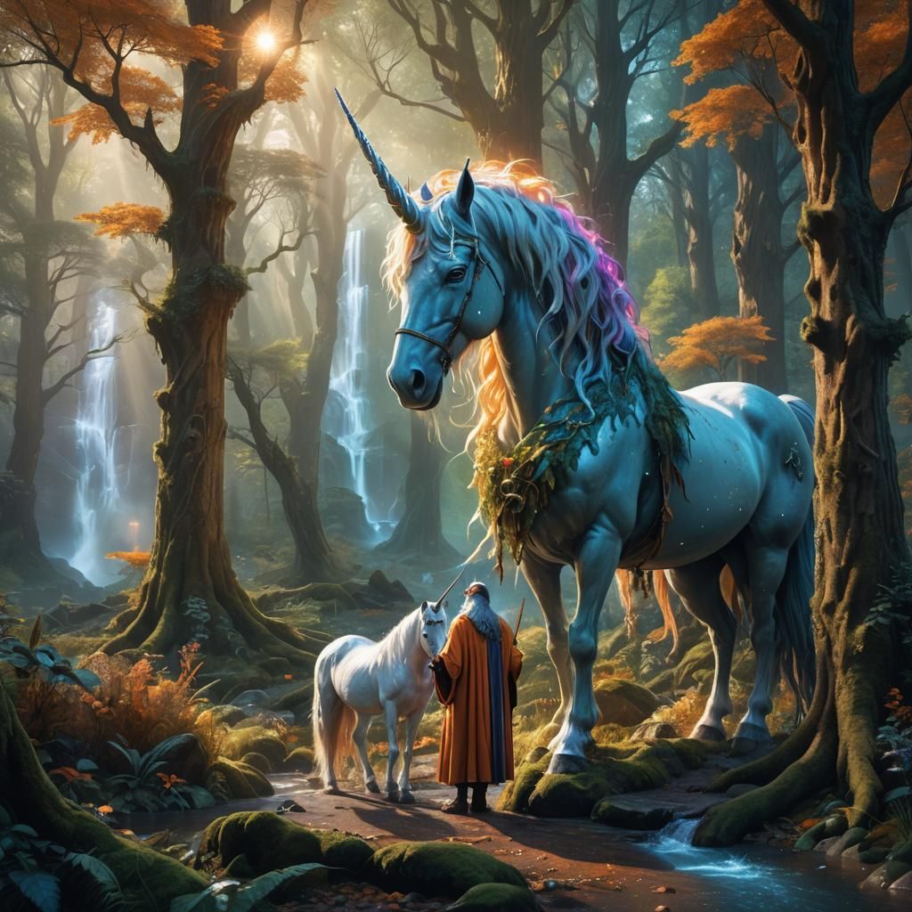 Wizard and Unicorn in Mystical Forest