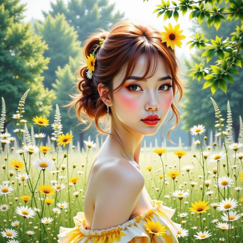 watercolor Illustration of a Beautiful woman in summer In th...