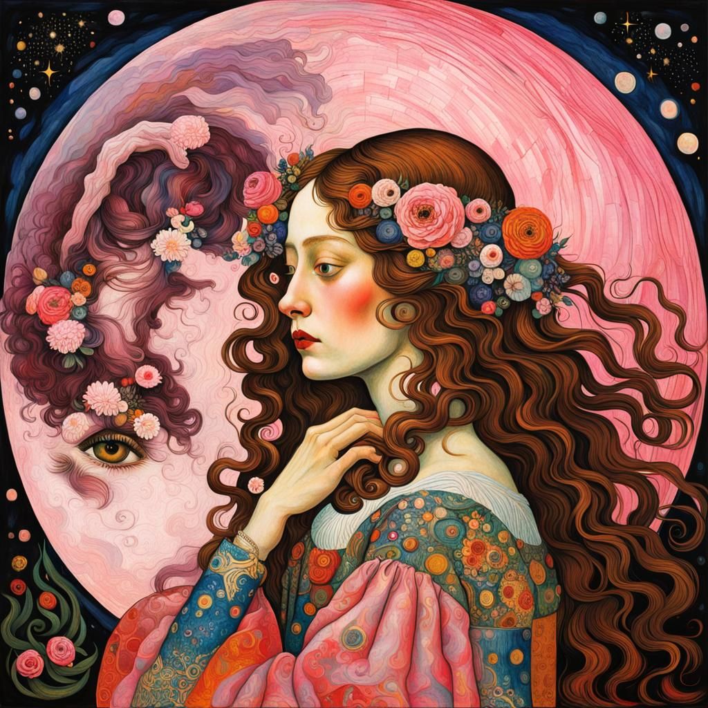 Celestial Goddess Under Pink Moon in Maximalist Style
