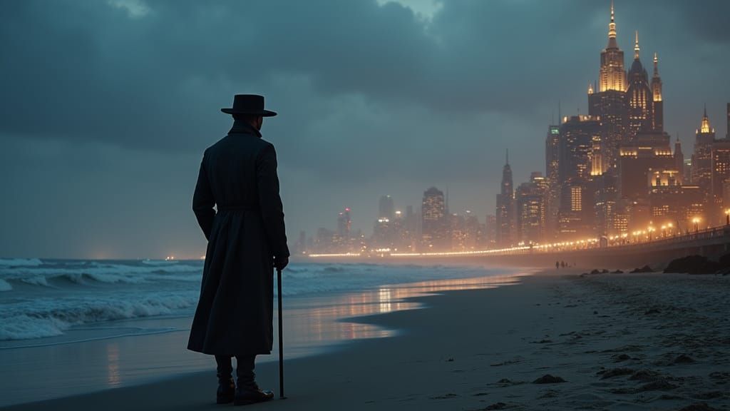 Elegant Victorian Gentleman Contemplates Futuristic Metropol...