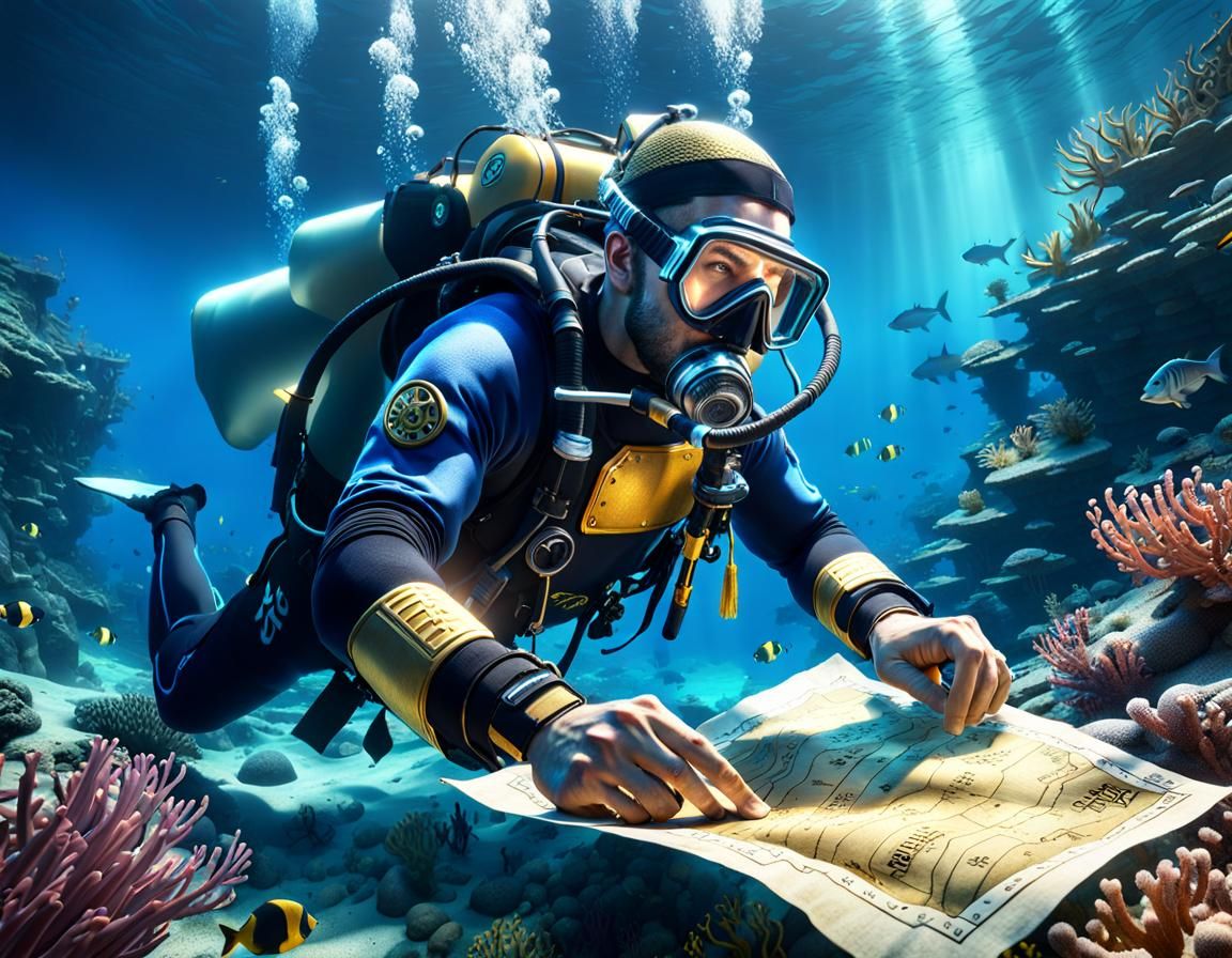 Diver Finds Treasure Map in Underwater Scene