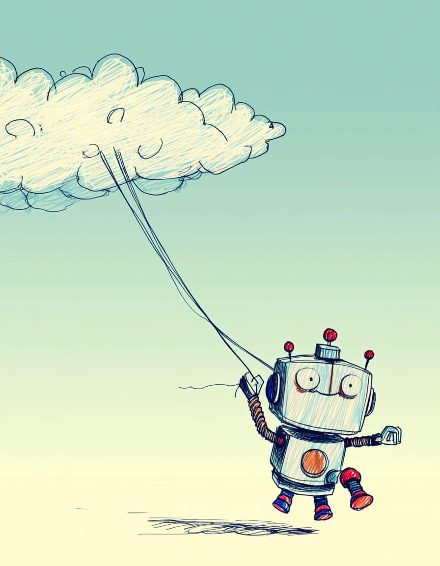 Whimsical Robot Flies Cloud Kite in Pastel Sketch Style