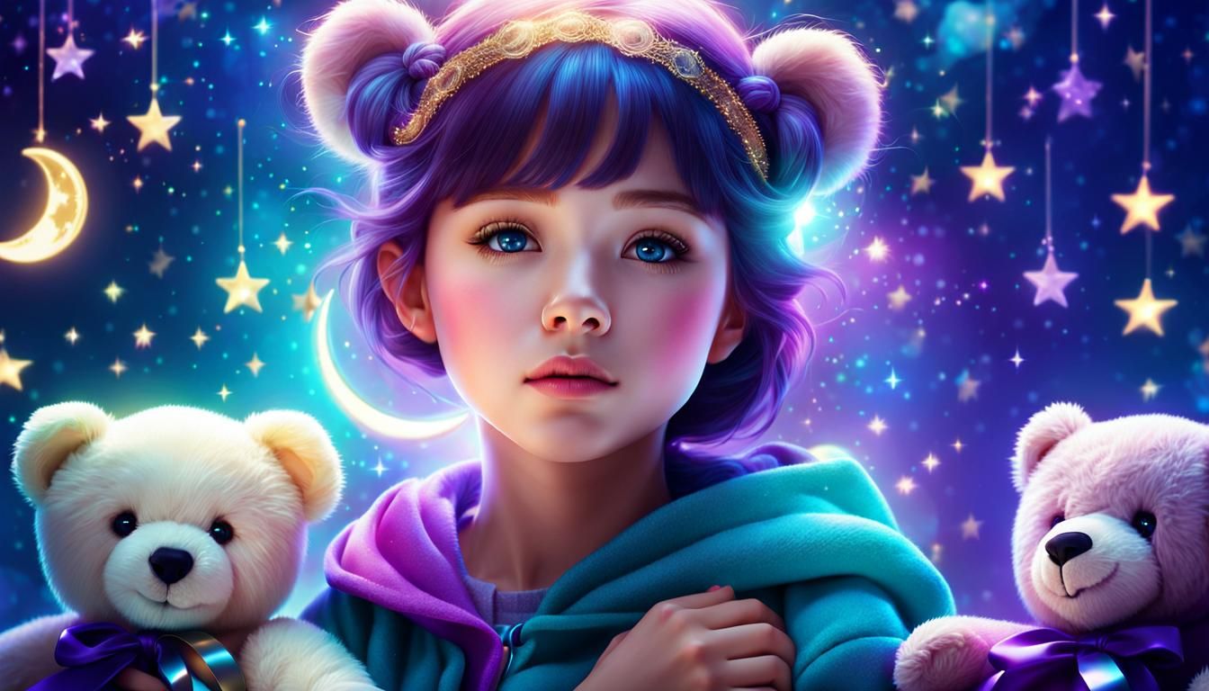 Sleepy Girl with Teddy Bears in Dreamy Digital Art