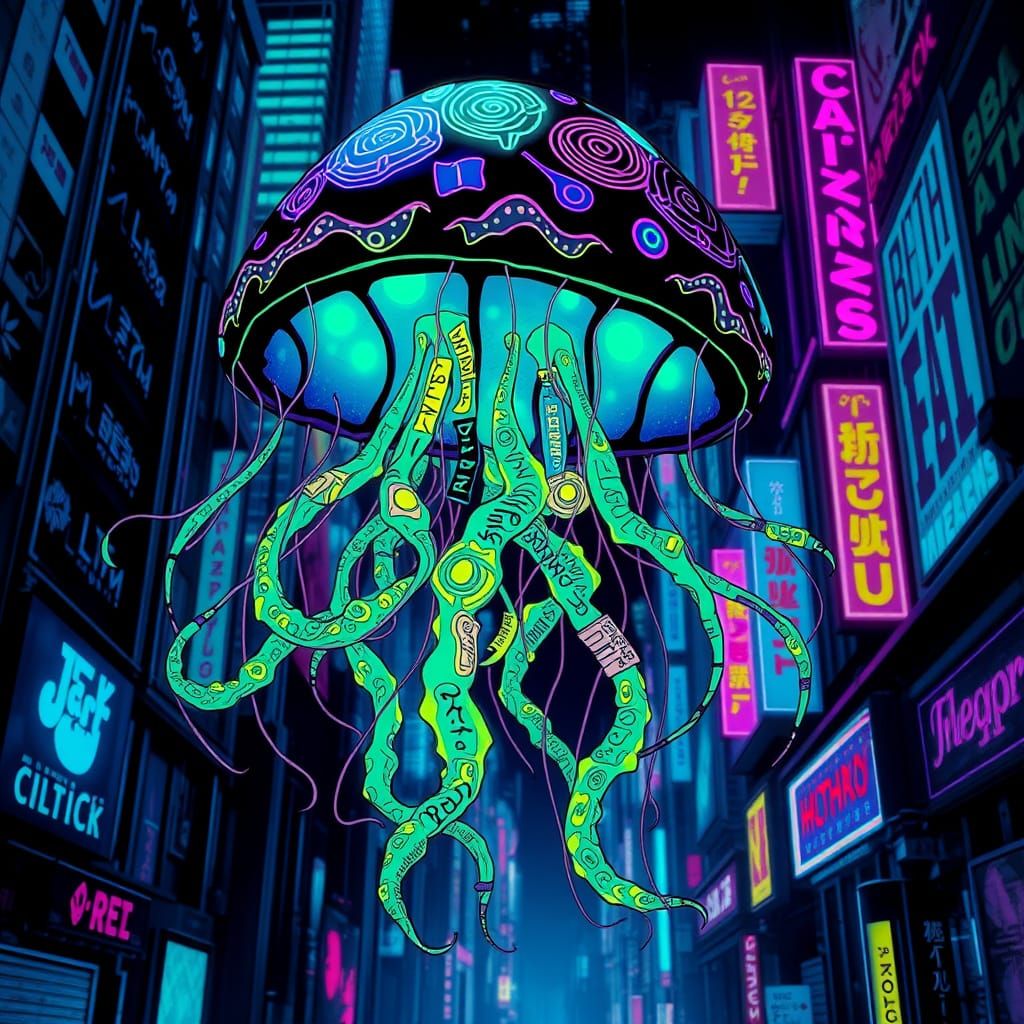 A massive graffiti mural depicting a bioluminescent jellyfis...