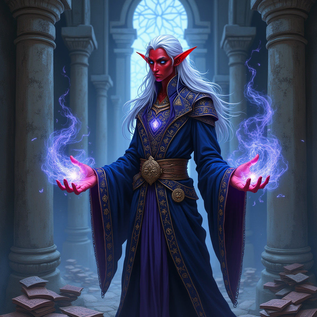 Tiefling Wizard in Mystical Tower, Dark Fantasy Art