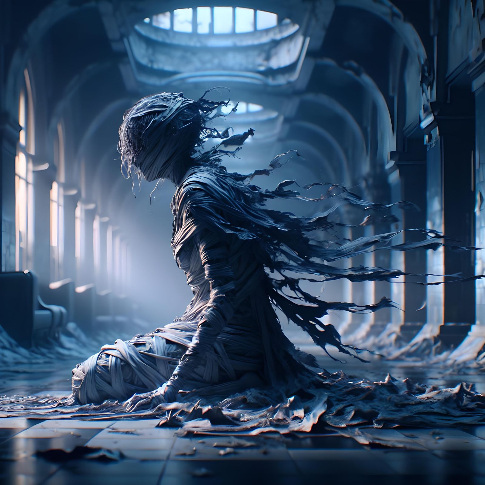 Gloomy Asylum: Woman in Tatters, Cinematic Matte Painting