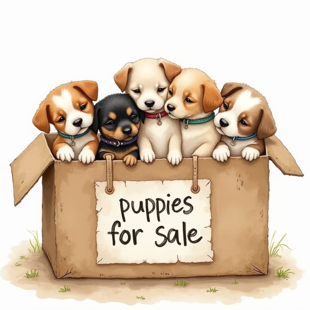 Puppies for Sale in Watercolor Style