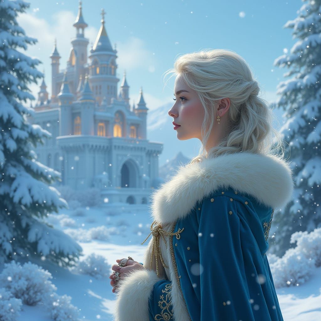 Winter Queen Surveys Her Snowy Kingdom in Elegant Majesty