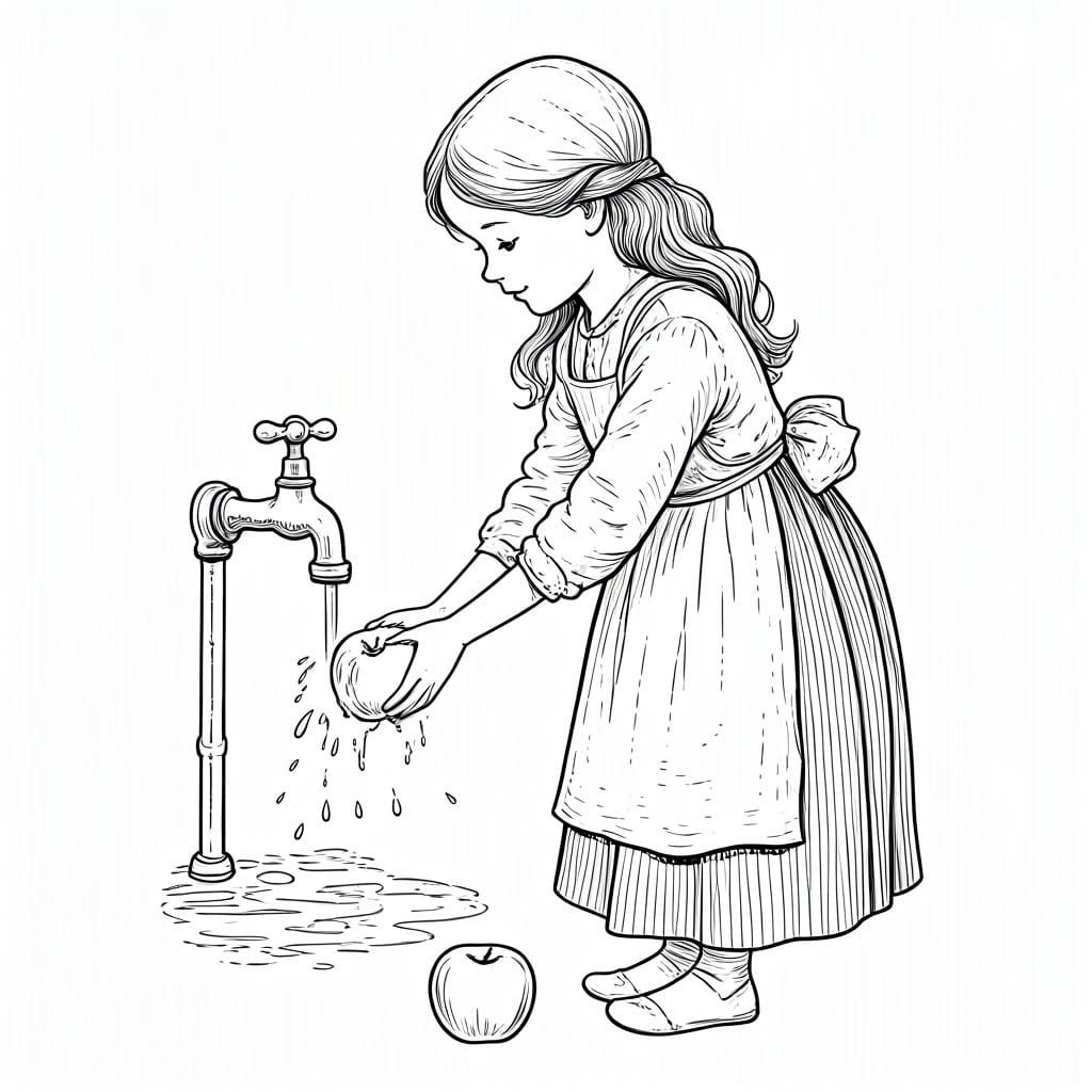 Girl Washing Apple: Classic Line Art Illustration