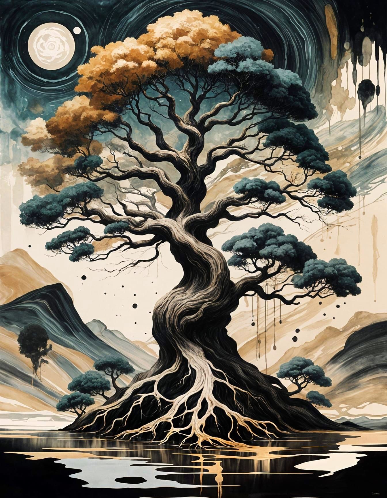 Yggdrasil Surreal Ink Drawing with Cosmic Background