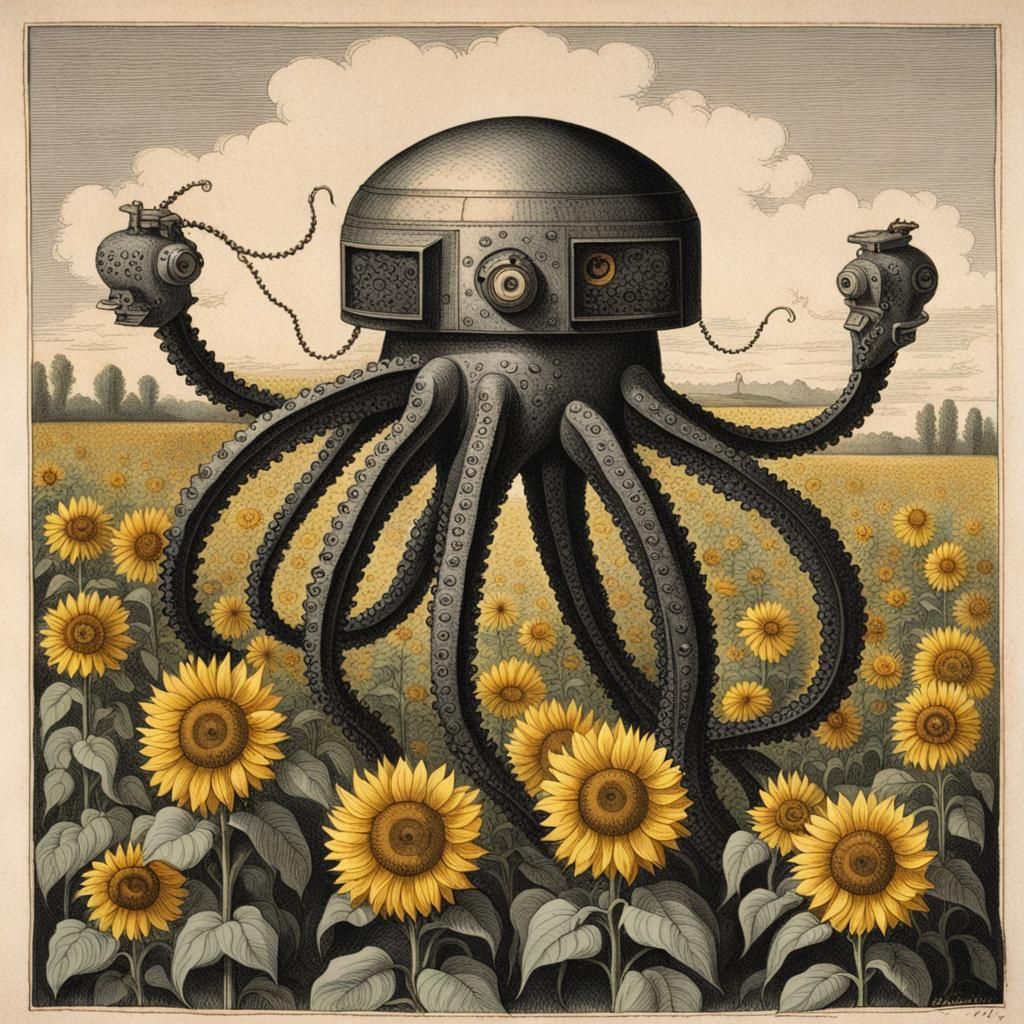 Robotic Octopus in Sunflower Field: 18th Century Horror