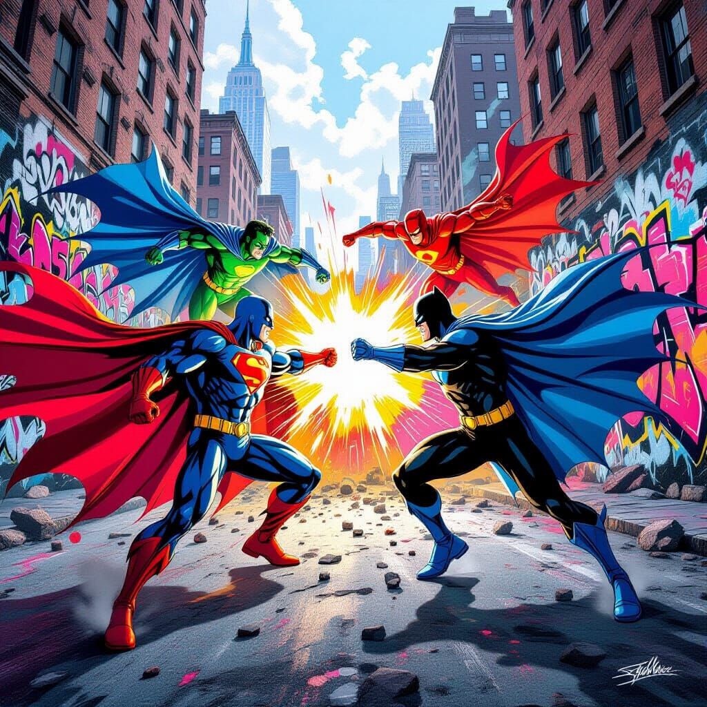 Superheroes Battle Villains in Graffiti Art Style