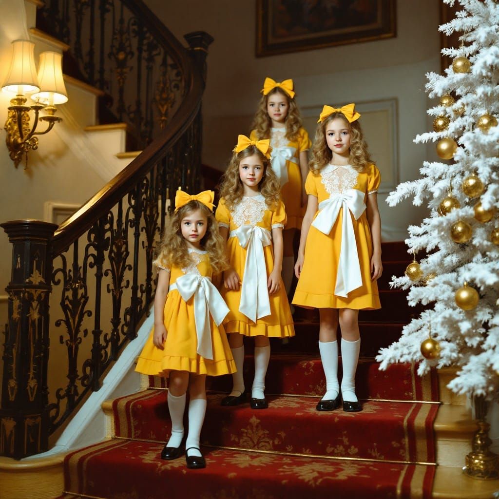 Girls Ascend Grand Staircase in Vintage Holiday Elegance