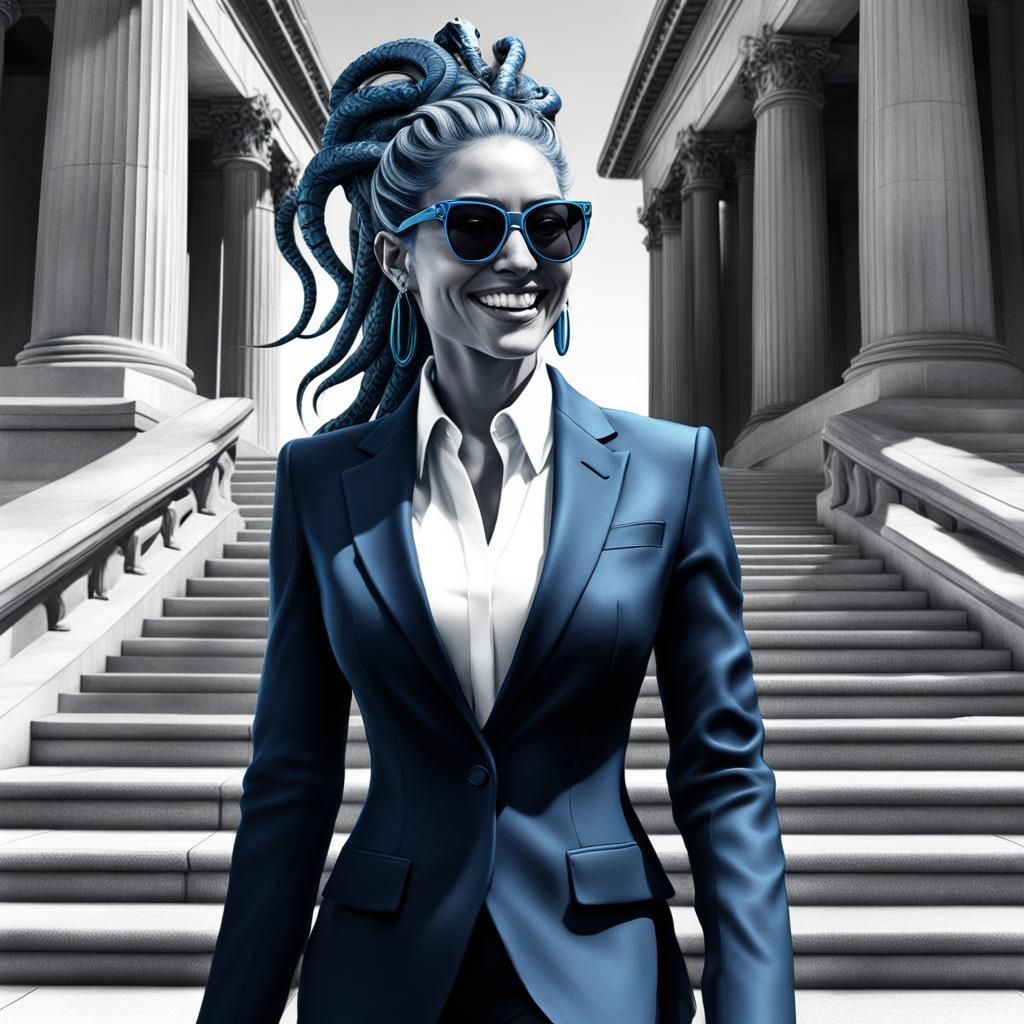 Smiling Blue Medusa in Business Suit