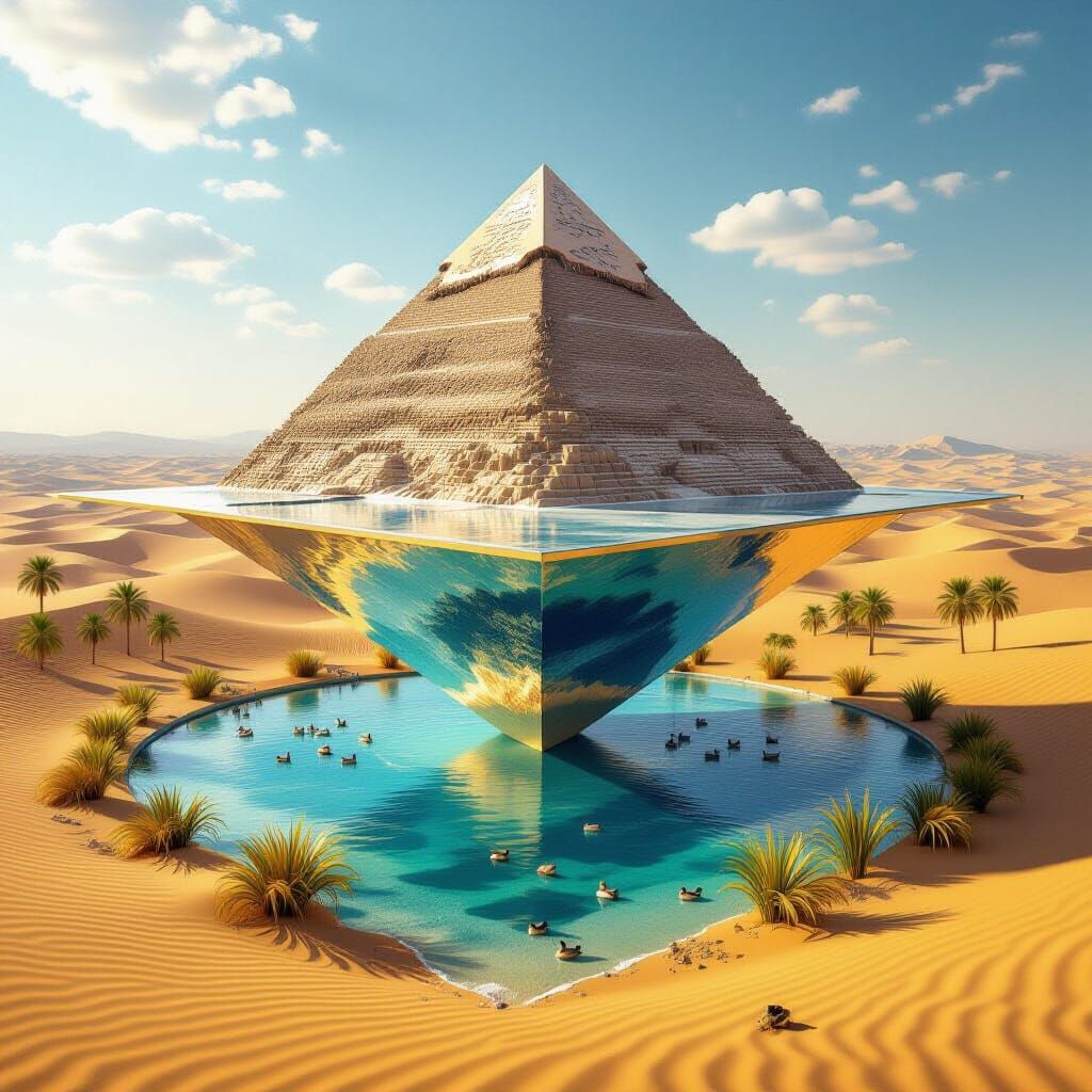 Inverted Pyramid Mirage in Desert Oasis