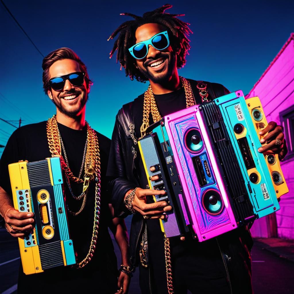 Epic Dudes Carrying Stereo with Neon Cassettes
