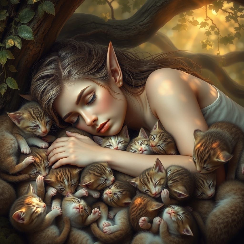 Sleeping Elf Surrounded by Kittens