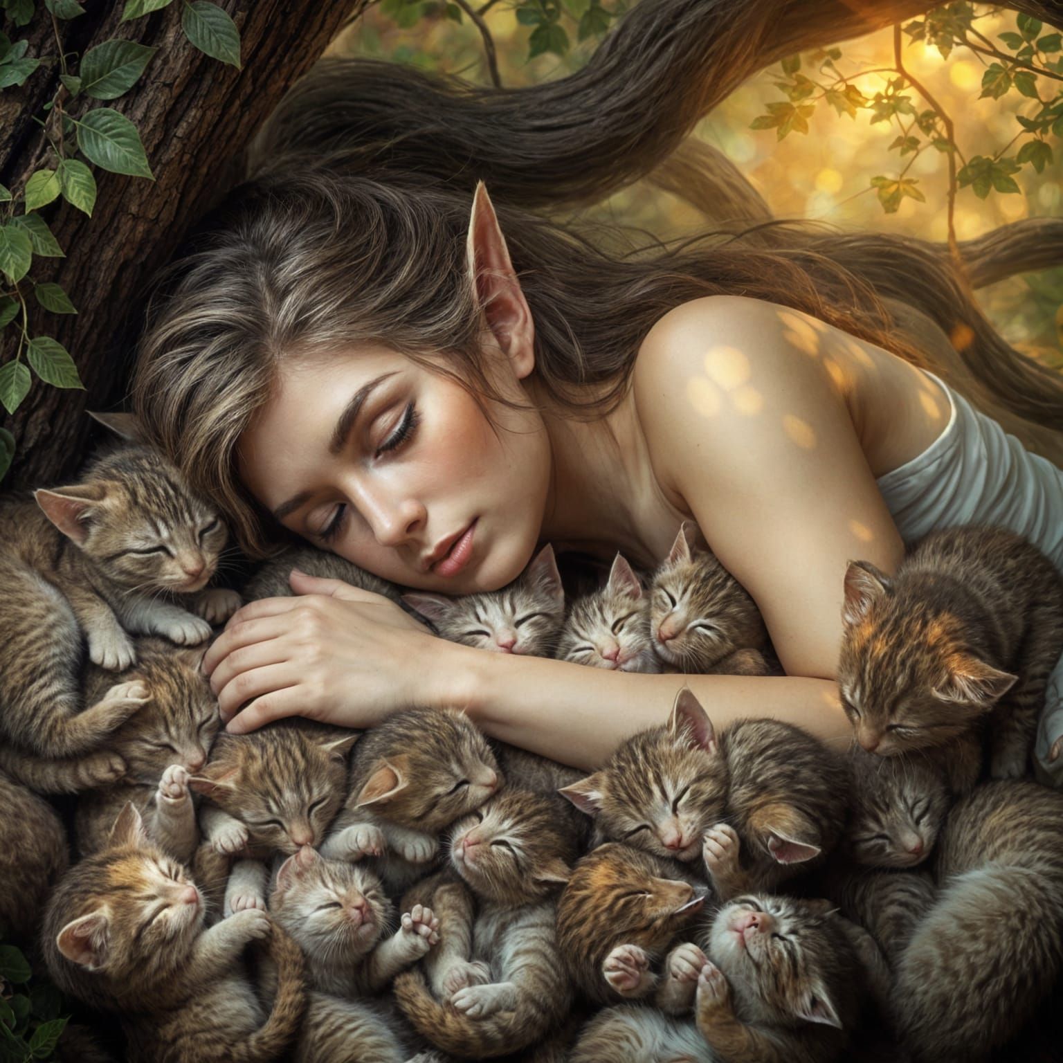 Ethereal Elf Maiden Surrounded by Adorable Kittens in a Whim...